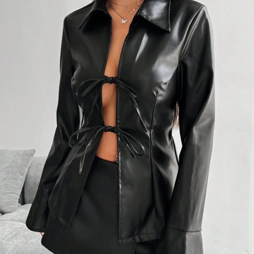 Open Front Tie Black Leather Jacket